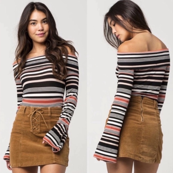 Free People size L Portland tee stretch off shoulder black stripe retro - Picture 1 of 12